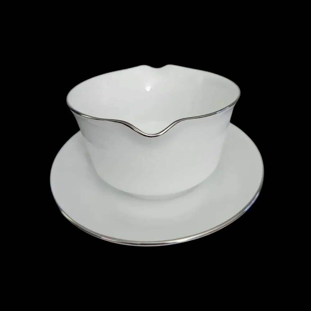 Noritake Reina 6450 Gravy Boat w Attached Underplate White Floral Platinum Trim